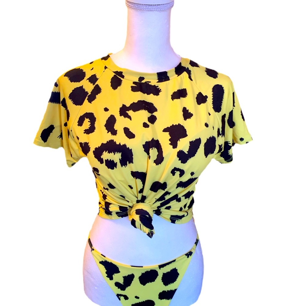 Cow print crop top&bikini swim set